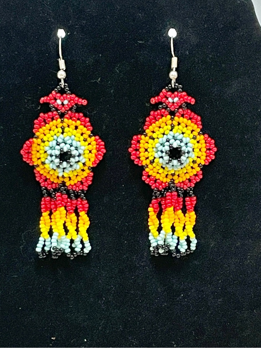 Native Am style Seed bead earrings dangle, Red Orange Black Green Flower Fringe